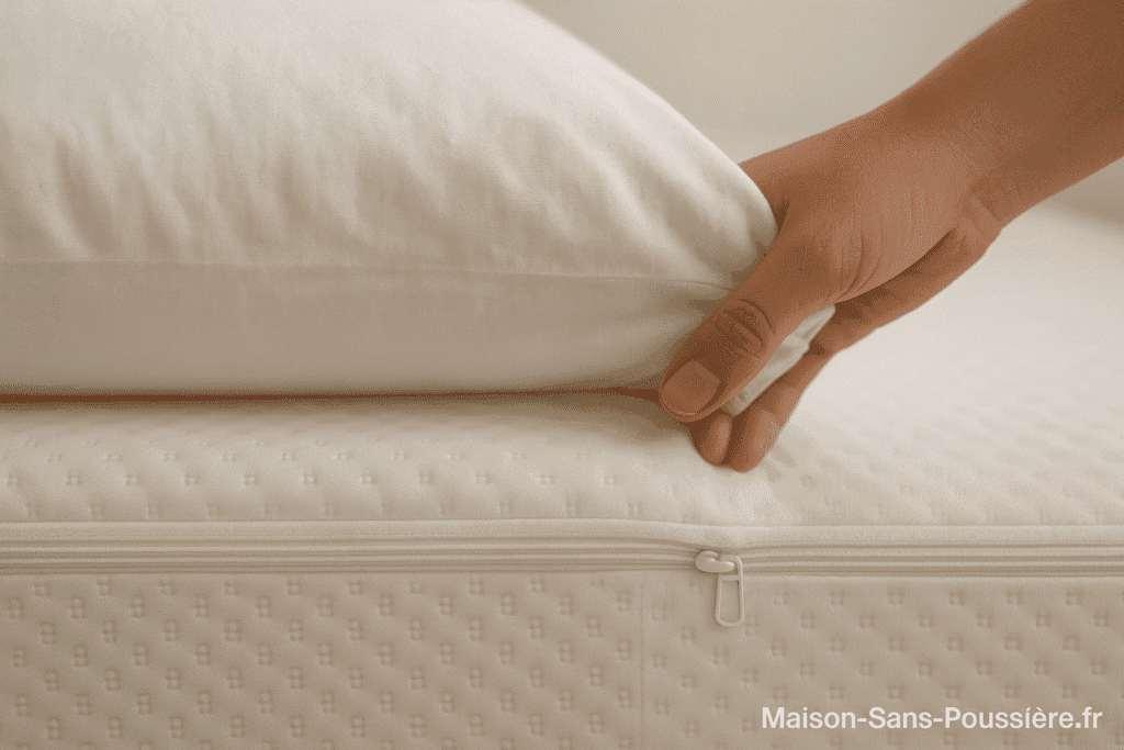 Gros plan sur un matelas avec protège-matelas anti-acariens et fermeture zippée.