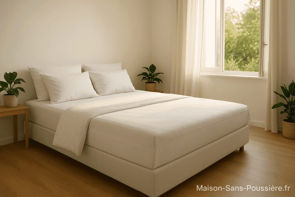 Chambre propre et lumineuse avec literie protégée, réduisant l’allergie aux acariens.