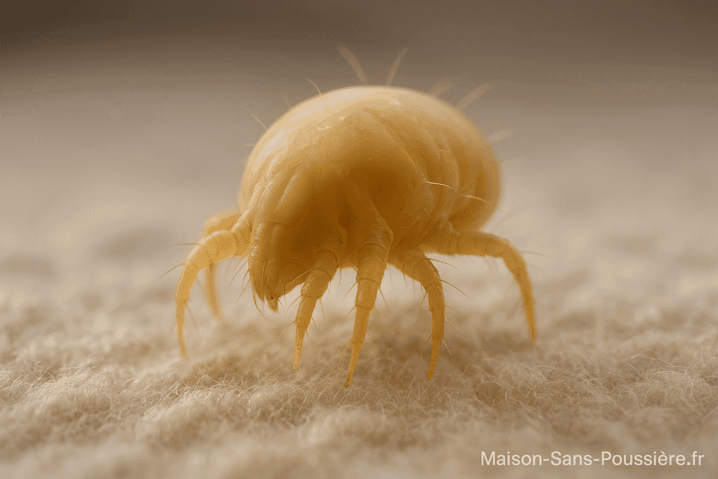 Micrographie d’un acarien sur une fibre textile, vue macro réaliste.