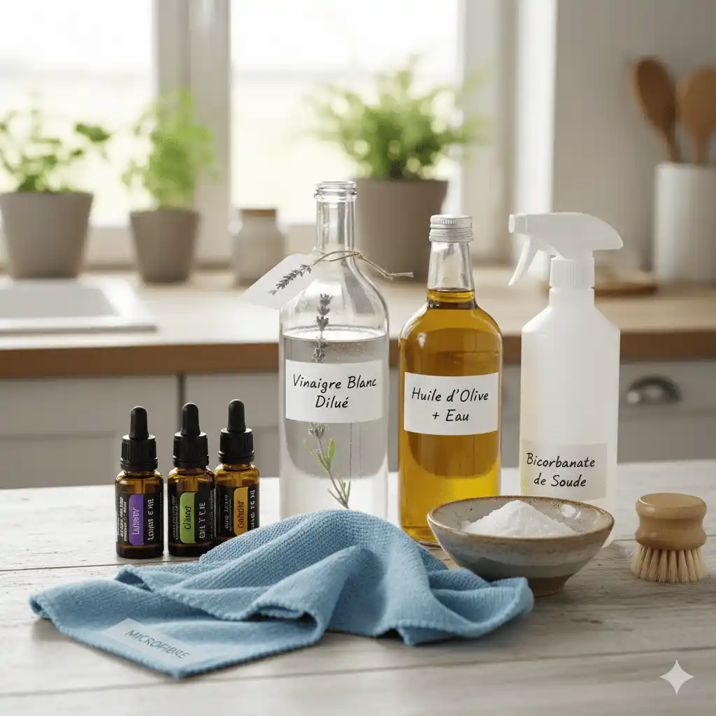 Une composition montrant les ingrédients clés pour le dépoussiérage naturel : vinaigre blanc, huile d'olive, bicarbonate de soude et huiles essentielles, avec un chiffon microfibre à côté.