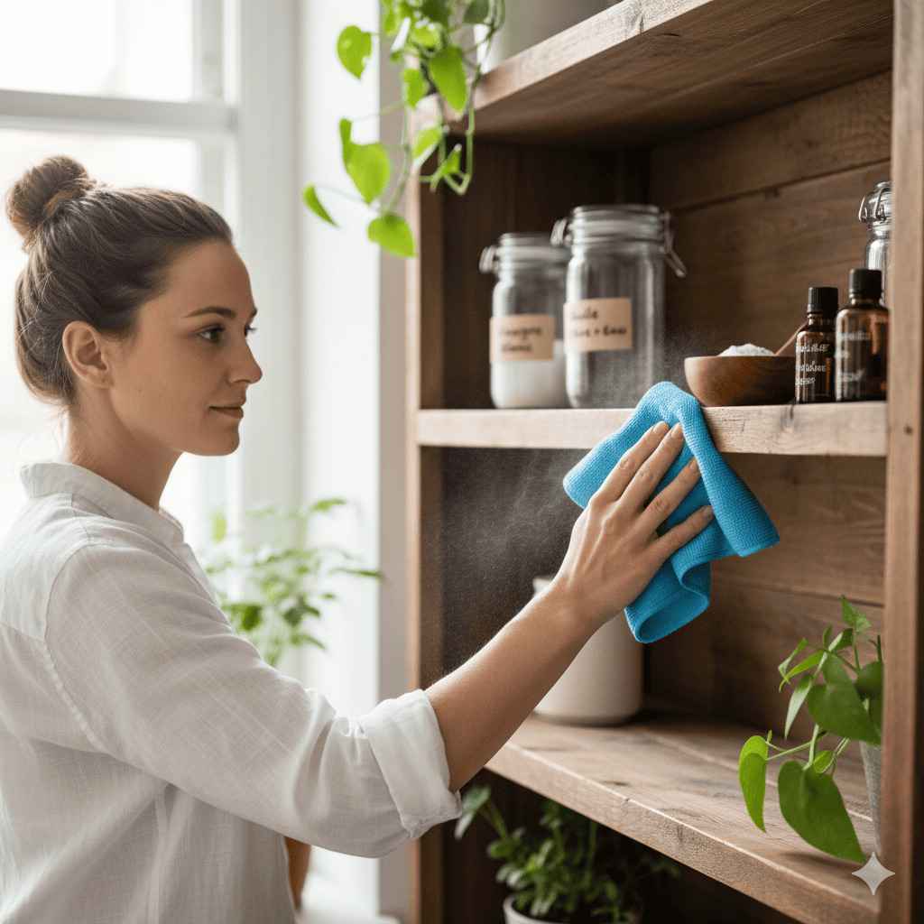 Une personne utilisant un chiffon microfibre légèrement humidifié pour dépoussiérer une étagère en bois.