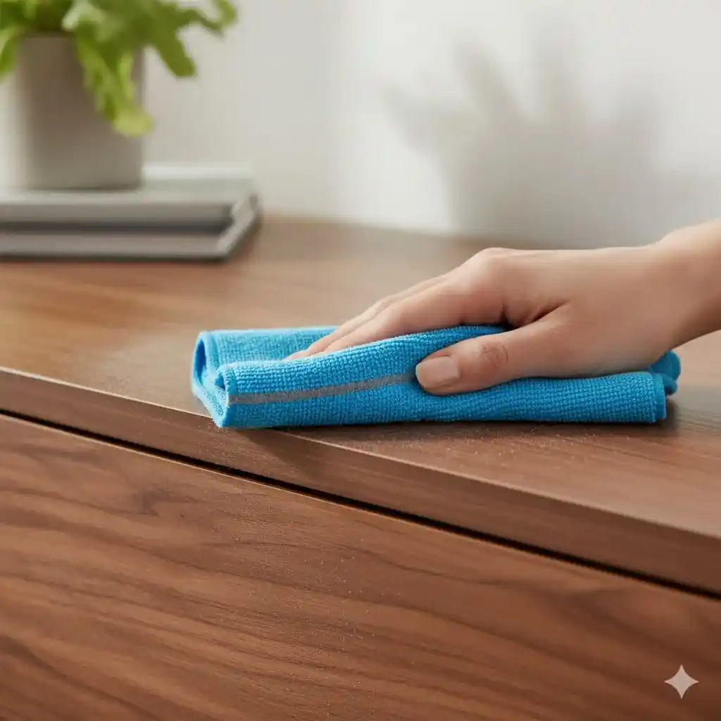 Une vue rapprochée de la main d'une personne essuyant délicatement la surface d'un meuble en bois avec un chiffon microfibre, montrant la poussière capturée.